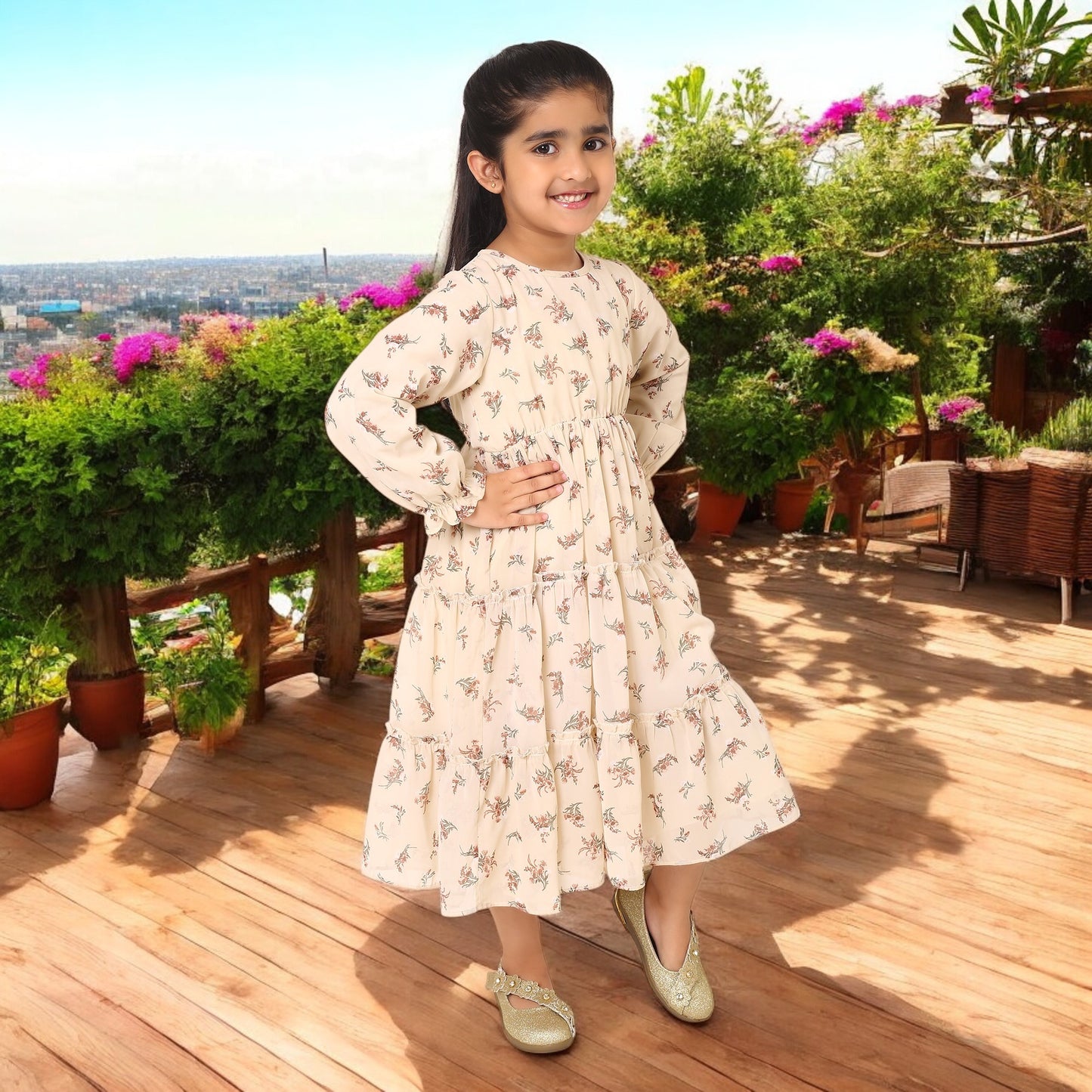 Multi-Layered Girls' Frock in Printed Georgette Fabric with Elasticated Waistline