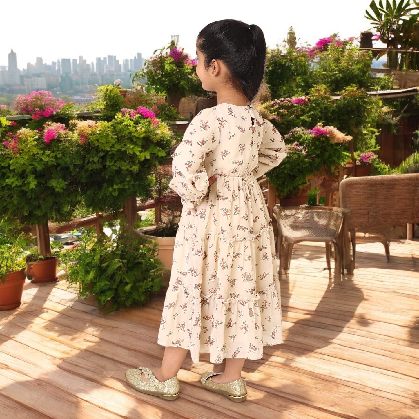 Multi-Layered Girls' Frock in Printed Georgette Fabric with Elasticated Waistline