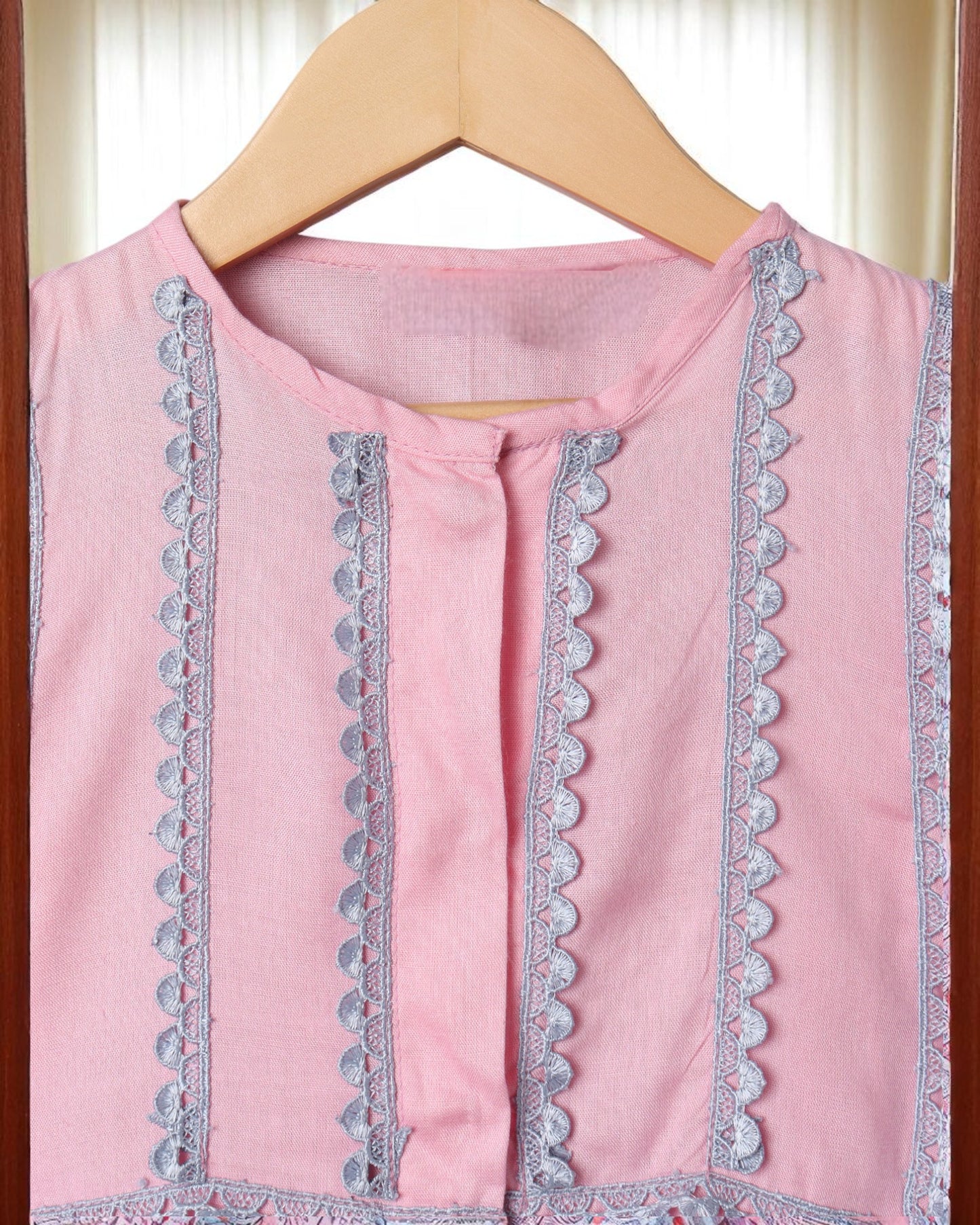 Elegant Two Piece Suit for Girls with Lace Work, Front Open Kurti & Pajama