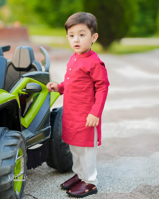 Deep Maroon Cambric Cotton Boy’s Kurta Pajama Set – Classic Elegance