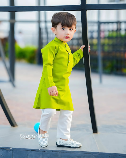 Lime Green Cambric Cotton Kurta Pajama – Refined Ethnic Wear for Boys