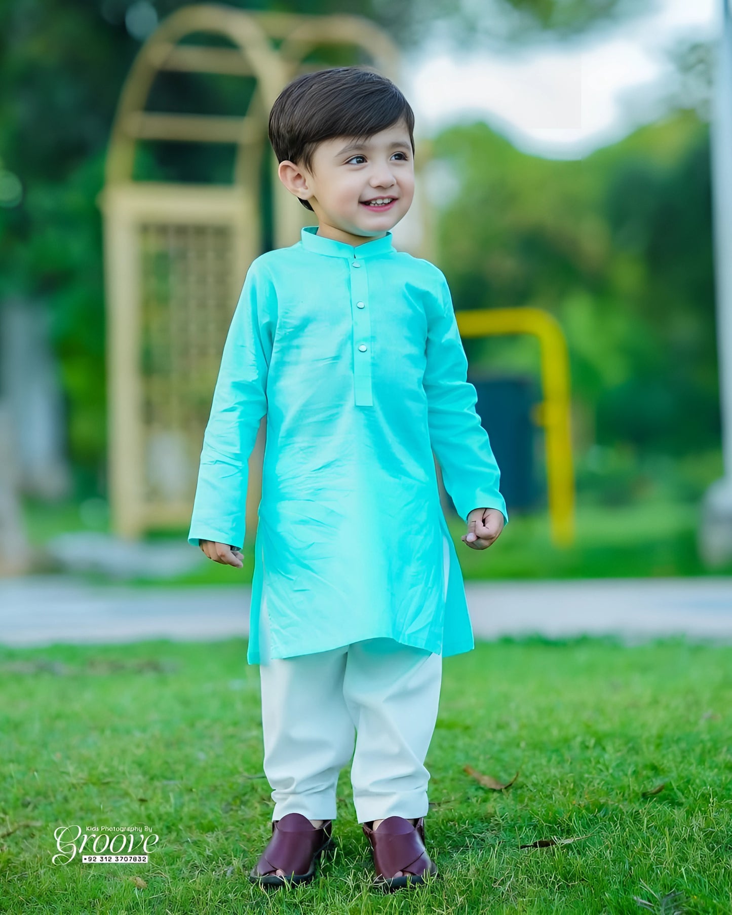 Aqua Blue Cambric Cotton Kurta Pyjama Set – Elegant Festive Style for Boys