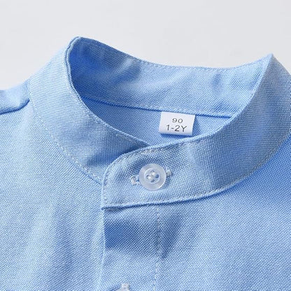 Luxury Boys Blue Chambray Cotton Shirt – Mandarin Collar Kidswear India