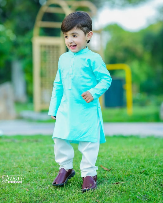 Aqua Blue Cambric Cotton Kurta Pyjama Set – Elegant Festive Style for Boys