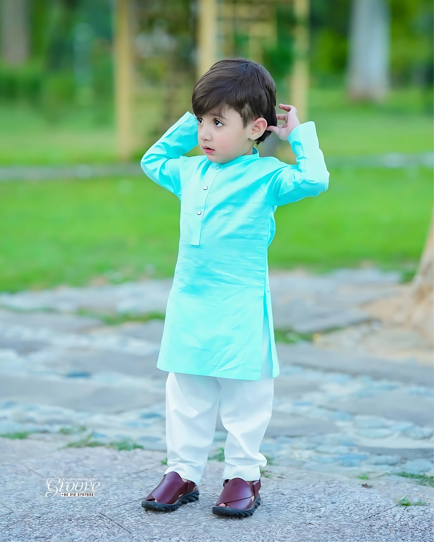 Aqua Blue Cambric Cotton Kurta Pyjama Set – Elegant Festive Style for Boys