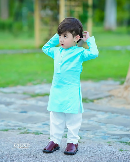 Aqua Blue Cambric Cotton Kurta Pyjama Set – Elegant Festive Style for Boys