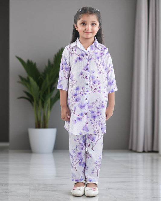 Tito Patito Girls’ Printed Co-ord Set – Sequin Work, Cotton Blend, Shirt Collar