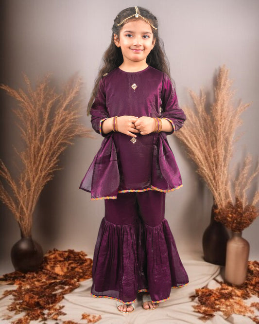 Tito Patito Girls’ Partywear 3-Piece Sharara Set in Fendi Fabric with Lace Detailing