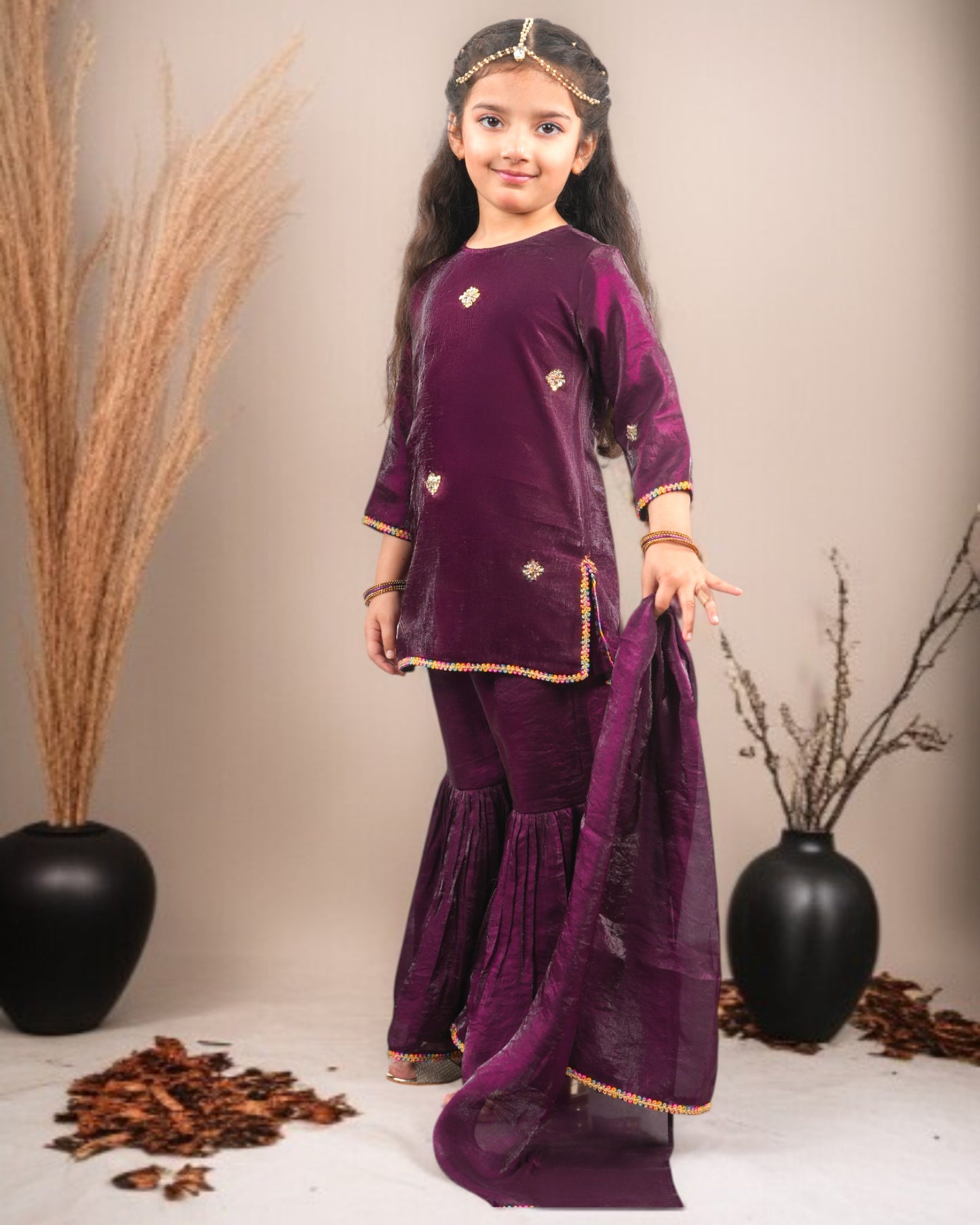 Tito Patito Girls’ Partywear 3-Piece Sharara Set in Fendi Fabric with Lace Detailing