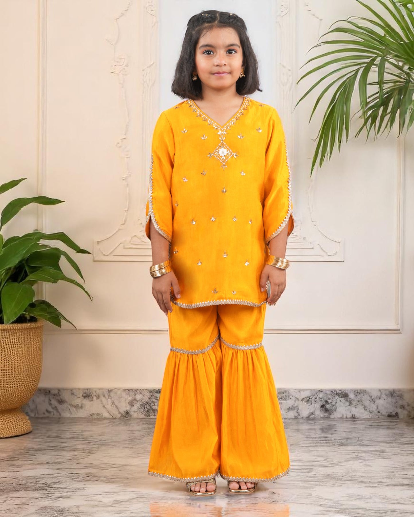 Tito Patito Girls’ Festive 3-Piece Sharara Suit – Two-Tone Silk, Handwork & Lace