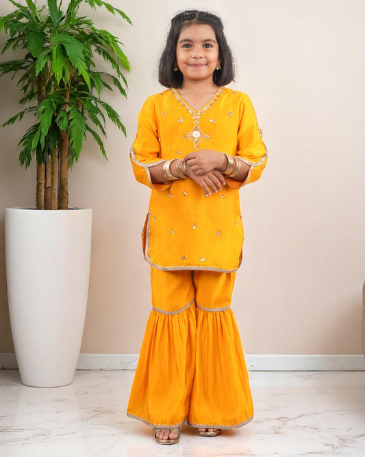 Tito Patito Girls’ Festive 3-Piece Sharara Suit – Two-Tone Silk, Handwork & Lace