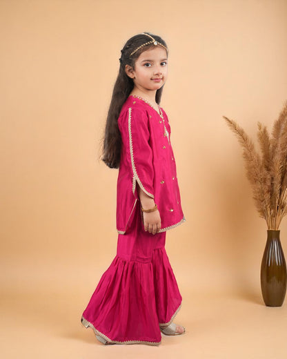 Tito Patito Girls’ 3-Piece Art Silk Sharara Set – Handwork & Lace, Kids Ethnic Wear