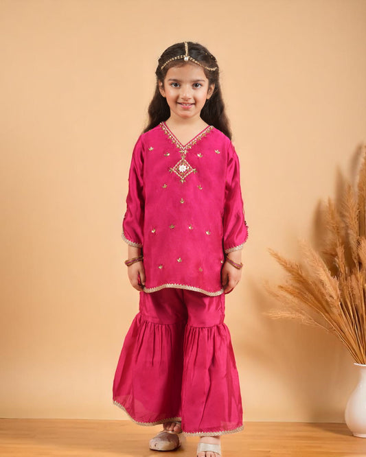 Tito Patito Girls’ 3-Piece Art Silk Sharara Set – Handwork & Lace, Kids Ethnic Wear