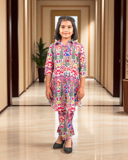 Tito Patito Girls’ Printed Co-ord Set – Sequin Work, Cotton Blend, Shirt Collar
