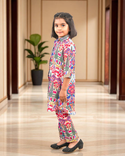 Tito Patito Girls’ Printed Co-ord Set – Sequin Work, Cotton Blend, Shirt Collar