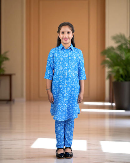 Tito Patito Girls’ Printed Co-ord Set – Sequin Work, Cotton Blend, Shirt Collar