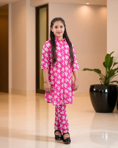 Tito Patito Girls’ Printed Co-ord Set – Sequin Work, Cotton Blend, Shirt Collar