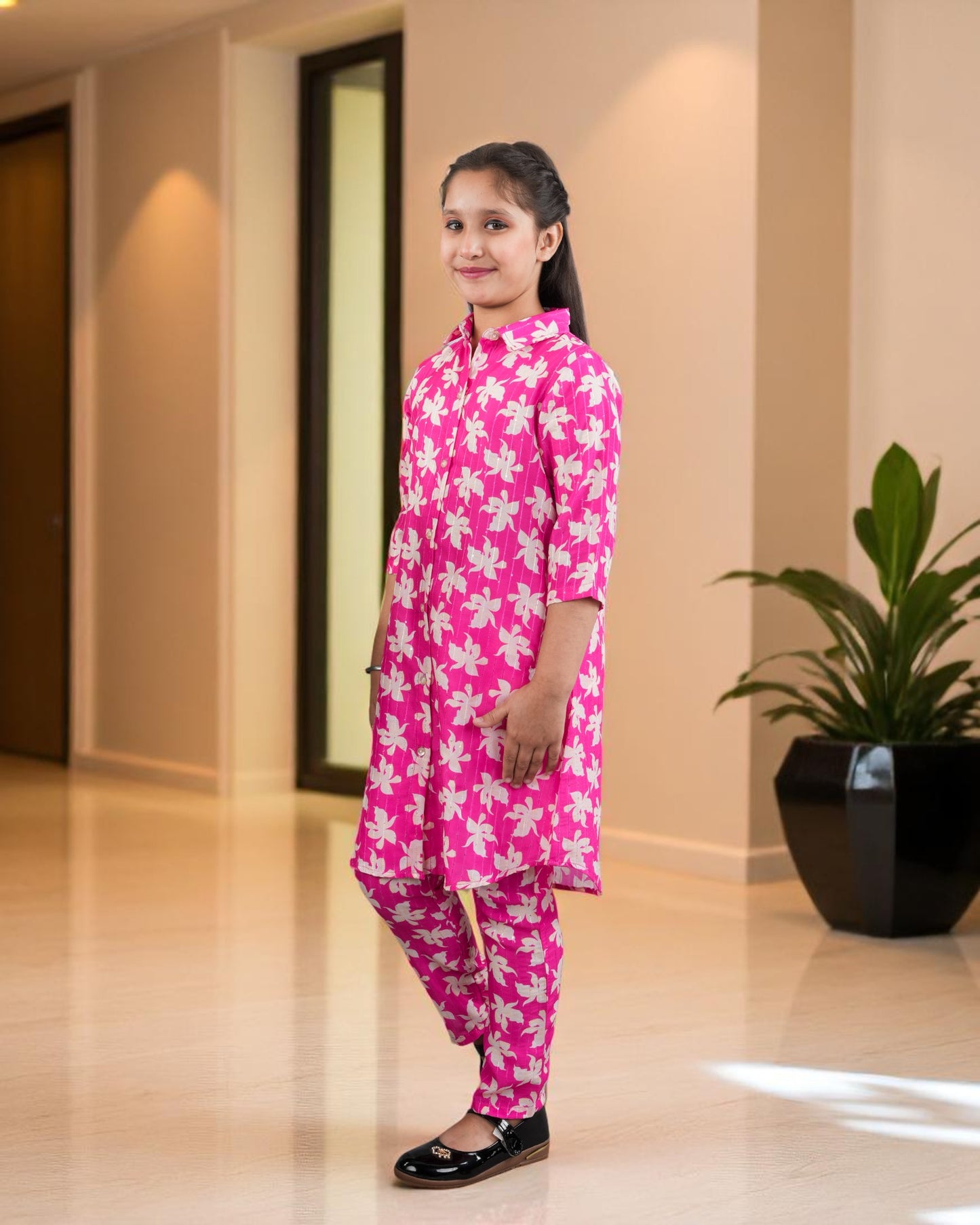 Tito Patito Girls’ Printed Co-ord Set – Sequin Work, Cotton Blend, Shirt Collar