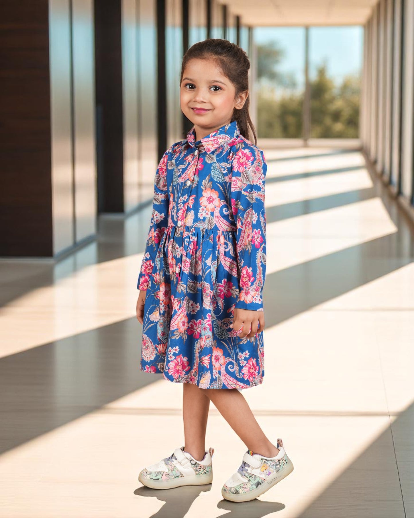Tito Patito Girls’ Shirt Collar Frock – Cotton Blend, Belted, Full Sleeves