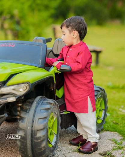 Deep Maroon Cambric Cotton Boy’s Kurta Pajama Set – Classic Elegance