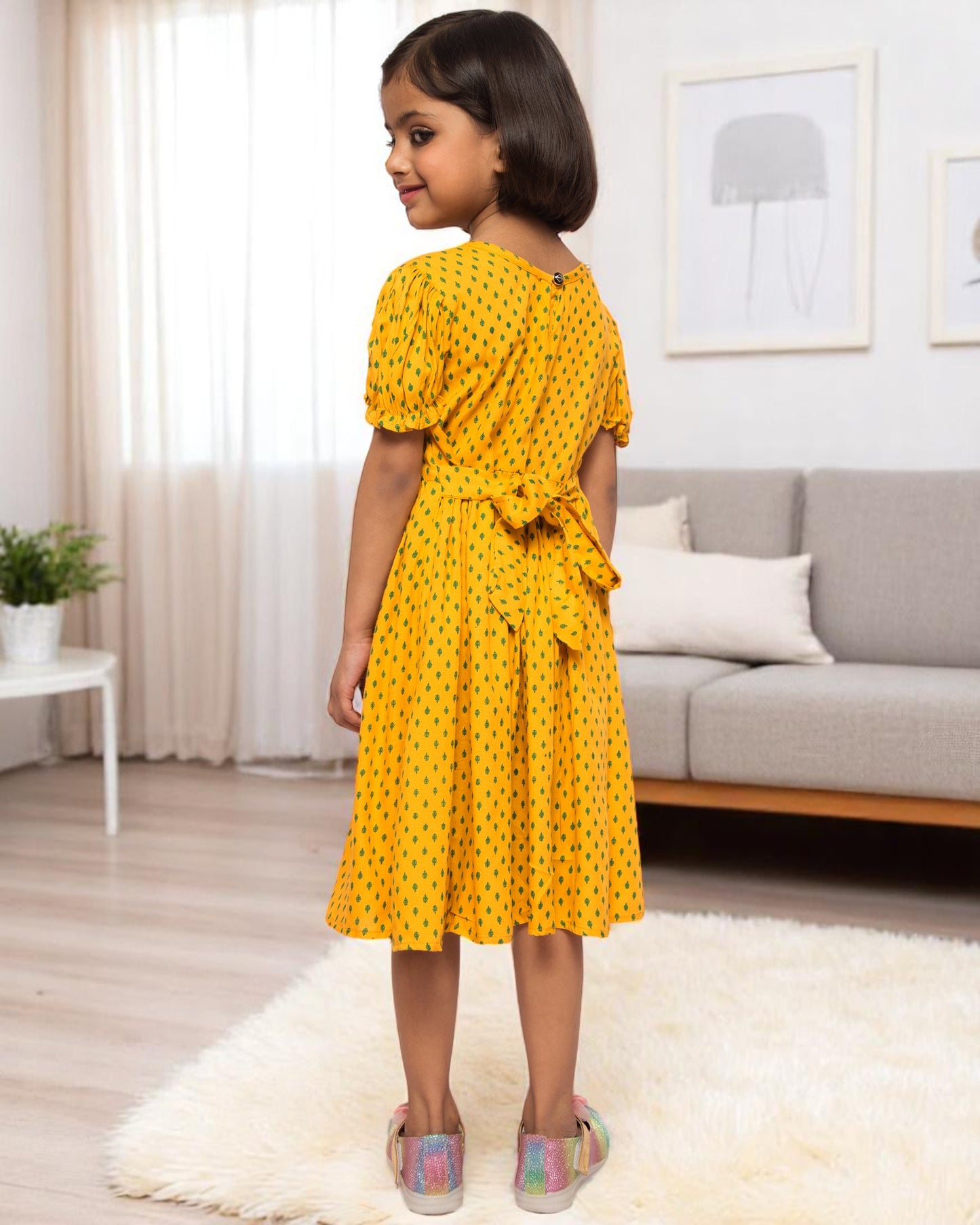 Breezy Elegance: Printed Rayon Frock with Elasticated Sleeves