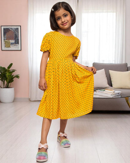 Breezy Elegance: Printed Rayon Frock with Elasticated Sleeves