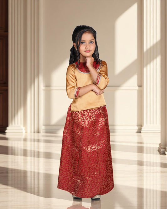 Tito Patito Girls’ Brocade Lehenga Set – Art Silk Top, Lace Work, Kids Partywear
