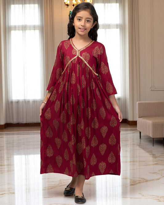 Graceful Printed Chiffon Long Dress for Girls with Umbrella Flare & V Neck