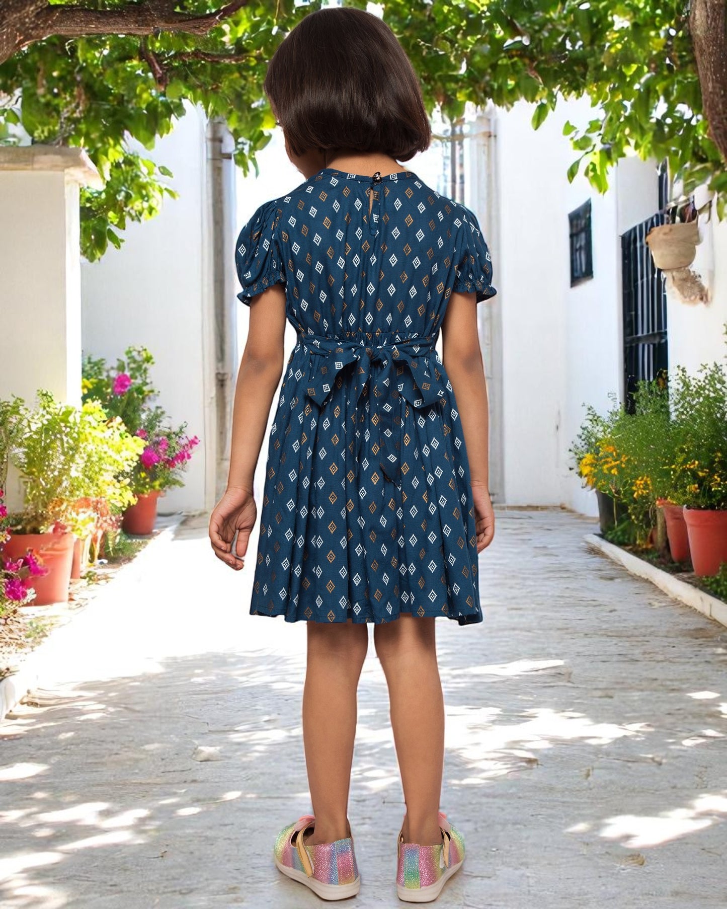 Breezy Elegance: Printed Rayon Frock with Elasticated Short Sleeves