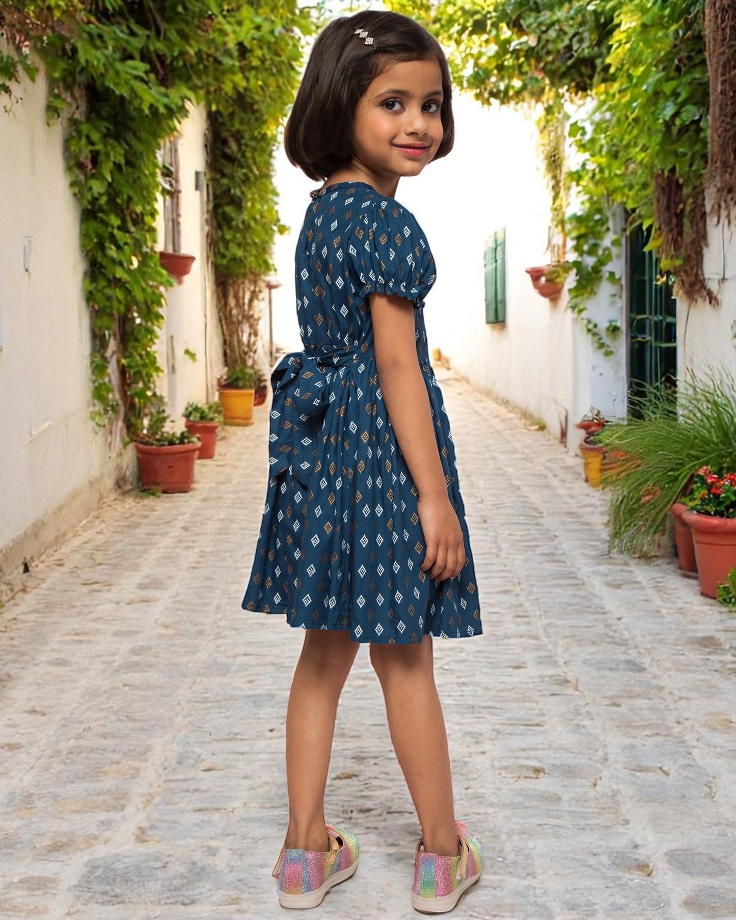 Breezy Elegance: Printed Rayon Frock with Elasticated Short Sleeves