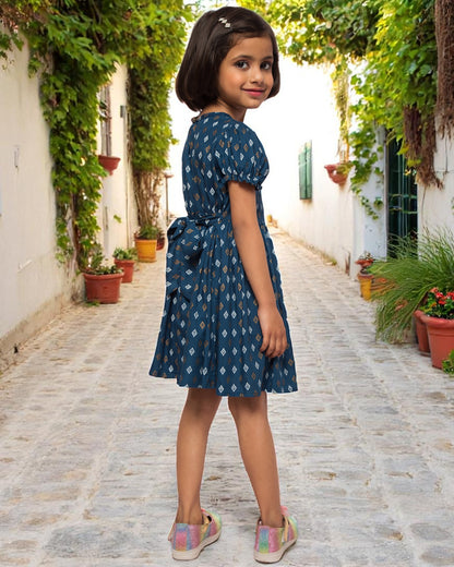 Breezy Elegance: Printed Rayon Frock with Elasticated Short Sleeves
