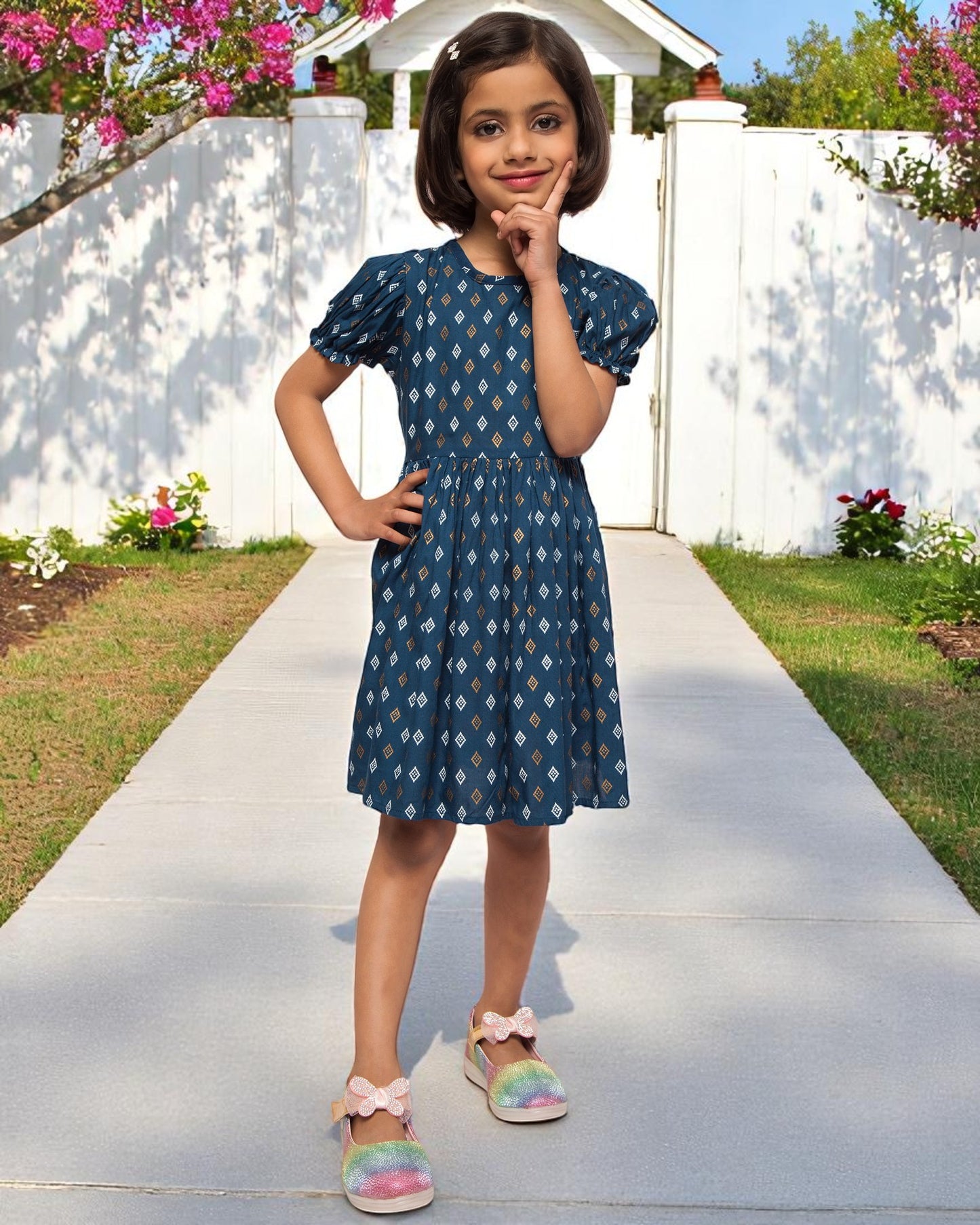 Breezy Elegance: Printed Rayon Frock with Elasticated Short Sleeves