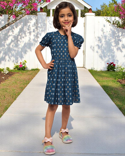 Breezy Elegance: Printed Rayon Frock with Elasticated Short Sleeves