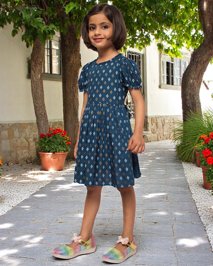 Breezy Elegance: Printed Rayon Frock with Elasticated Short Sleeves