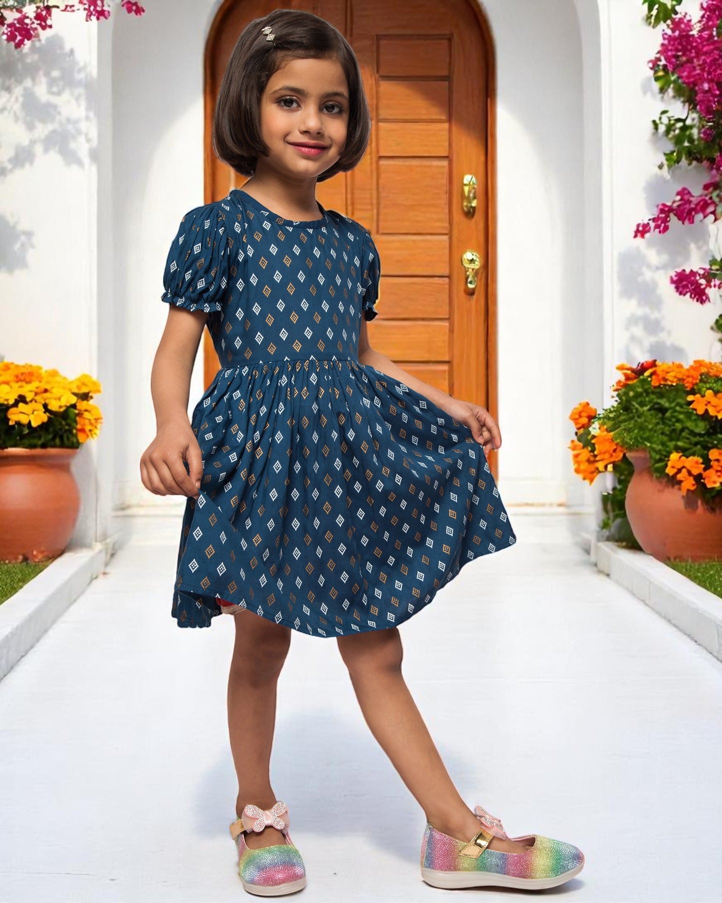 Breezy Elegance: Printed Rayon Frock with Elasticated Short Sleeves