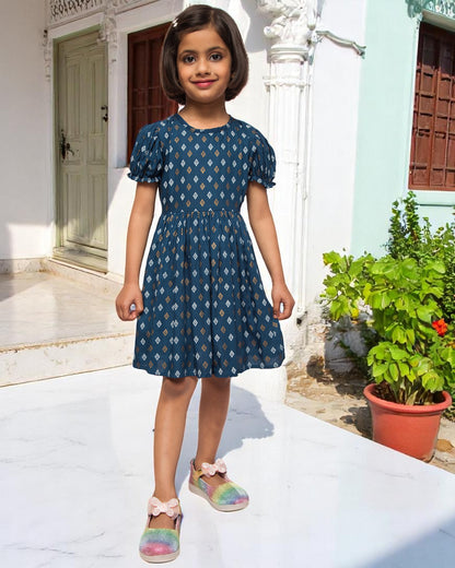 Breezy Elegance: Printed Rayon Frock with Elasticated Short Sleeves