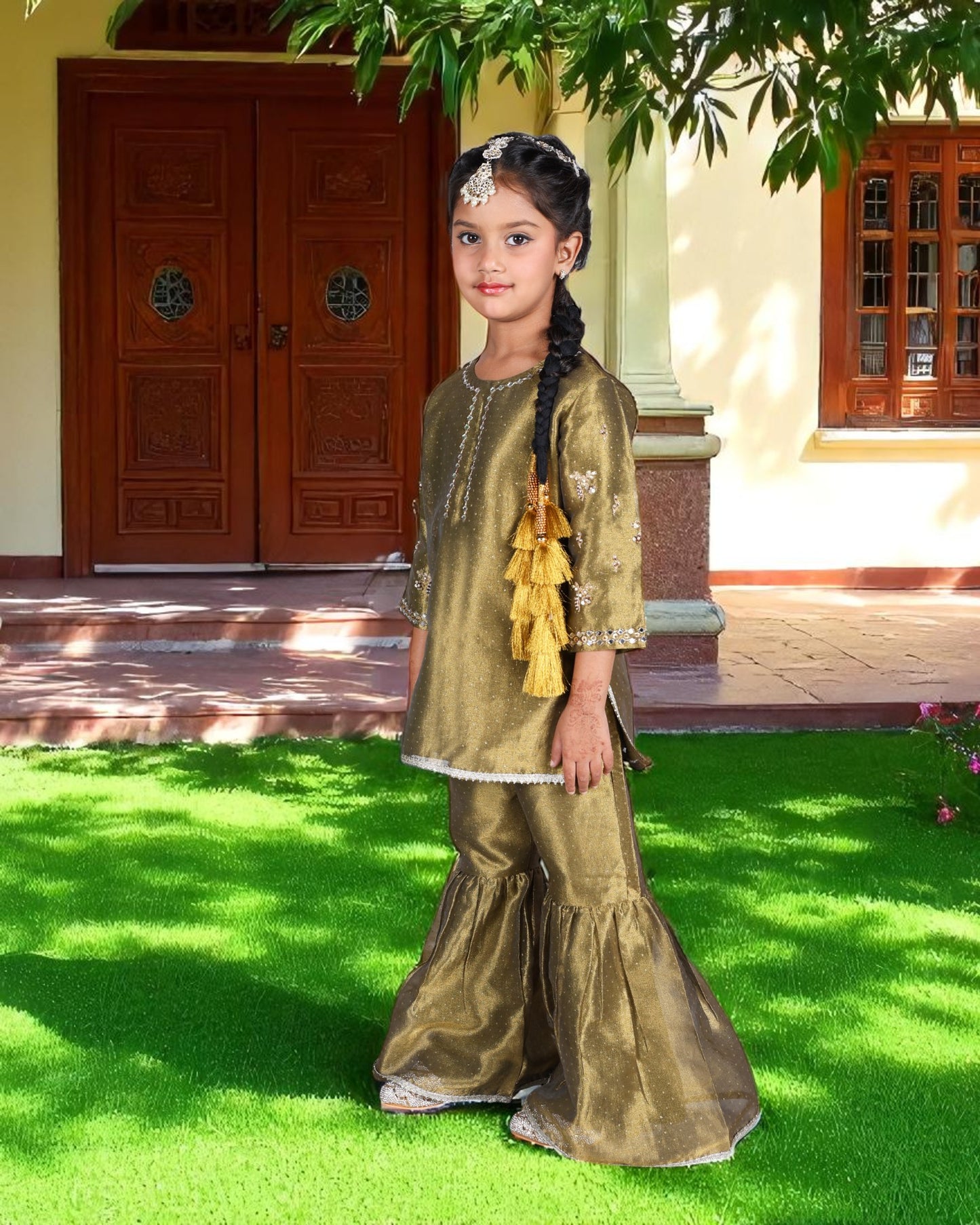Tito Patito Girls’ Organza Sharara Suit – Embellished, Lace Work, Kids Festive Wear