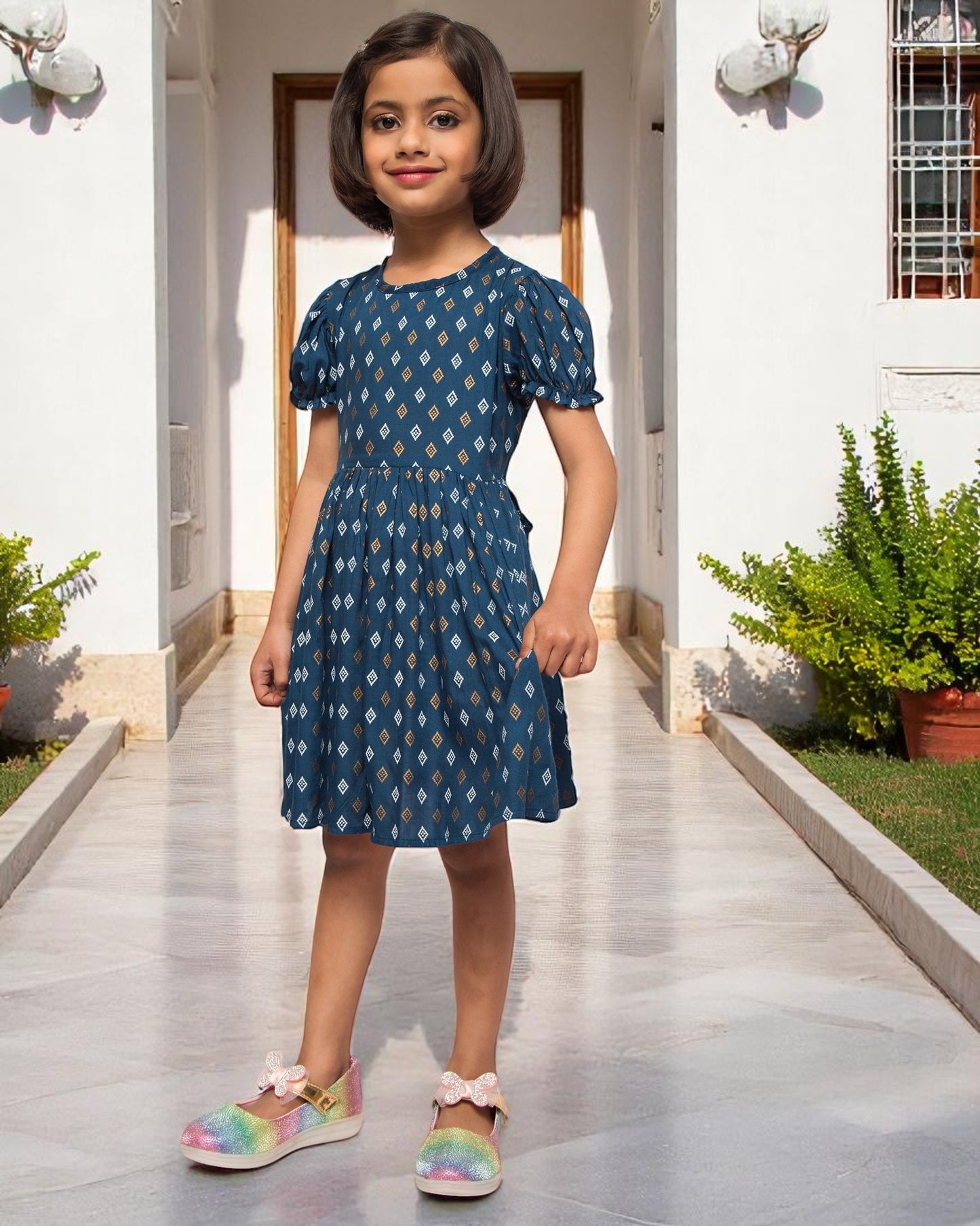 Breezy Elegance: Printed Rayon Frock with Elasticated Short Sleeves