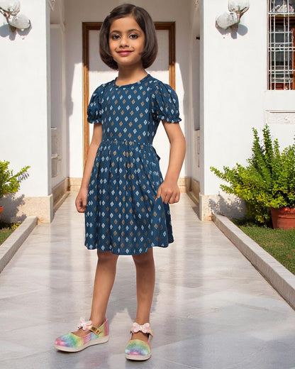 Breezy Elegance: Printed Rayon Frock with Elasticated Short Sleeves