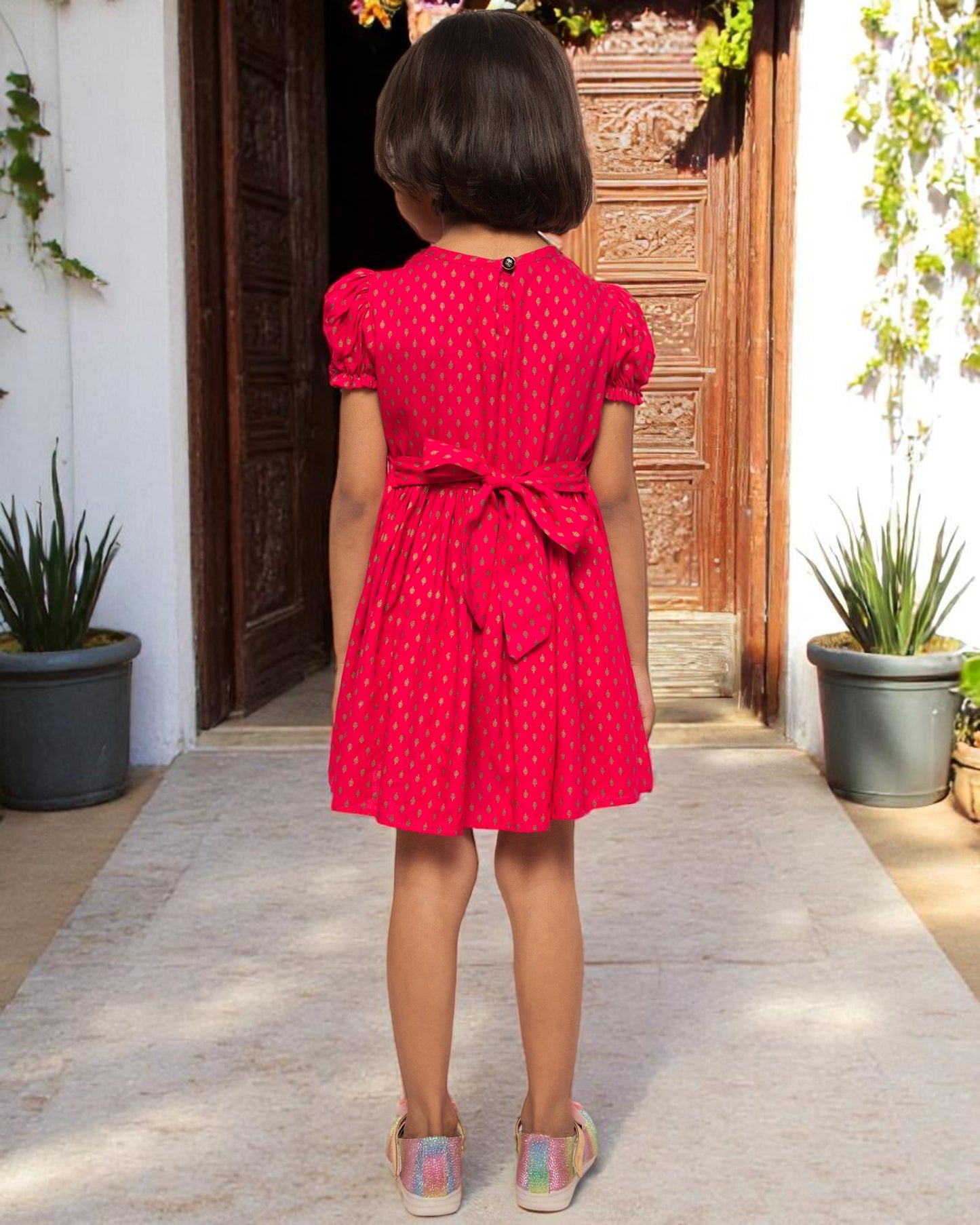 Breezy Elegance: Printed Rayon Frock with Elasticated Short Sleeves