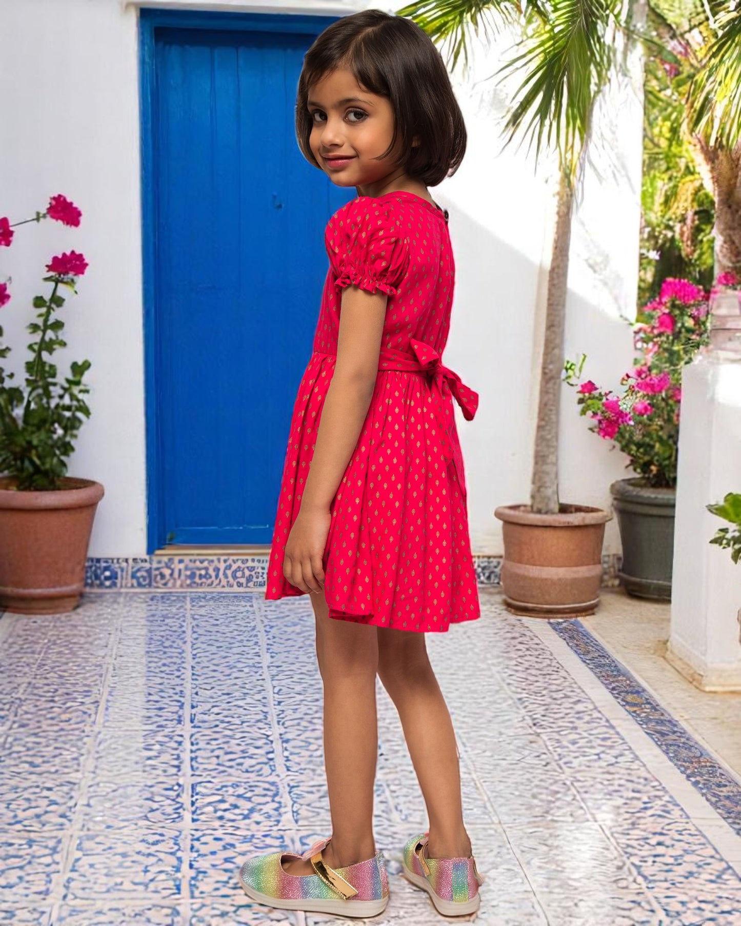 Breezy Elegance: Printed Rayon Frock with Elasticated Short Sleeves