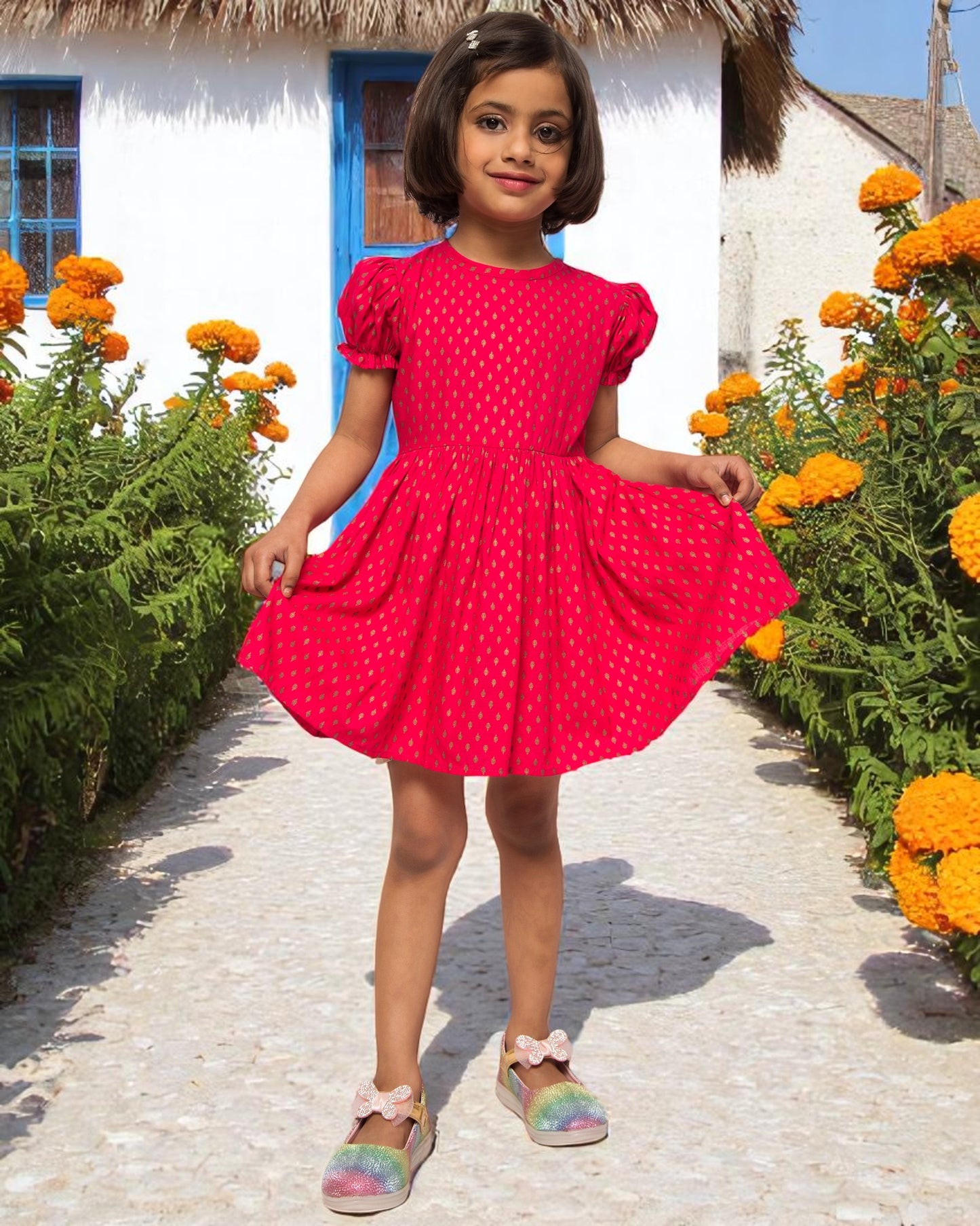 Breezy Elegance: Printed Rayon Frock with Elasticated Short Sleeves