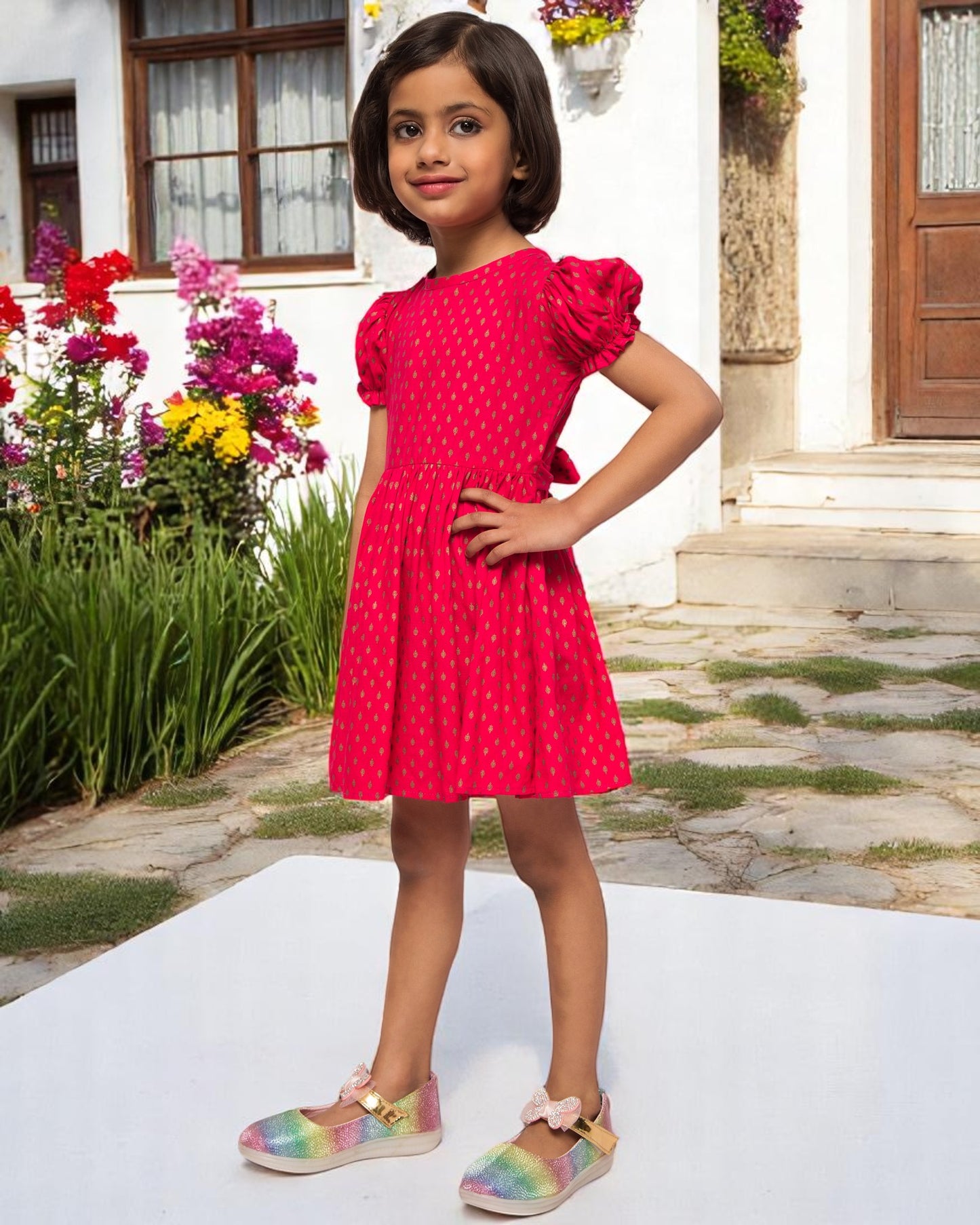 Breezy Elegance: Printed Rayon Frock with Elasticated Short Sleeves