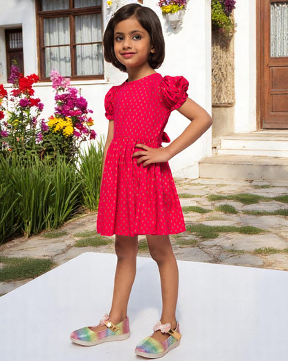 Breezy Elegance: Printed Rayon Frock with Elasticated Short Sleeves