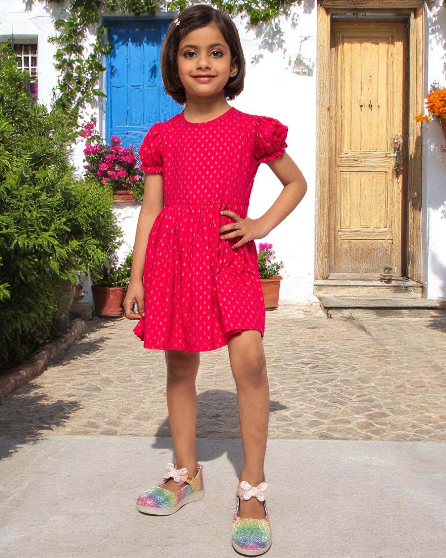 Breezy Elegance: Printed Rayon Frock with Elasticated Short Sleeves