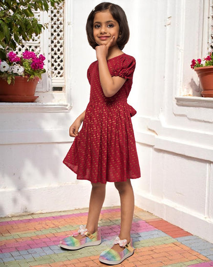 Breezy Elegance: Printed Rayon Frock with Elasticated Short Sleeves