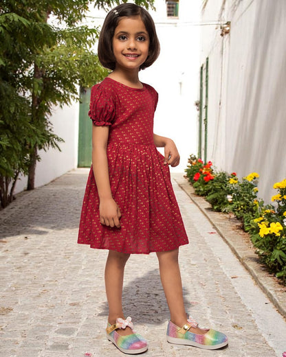 Breezy Elegance: Printed Rayon Frock with Elasticated Short Sleeves