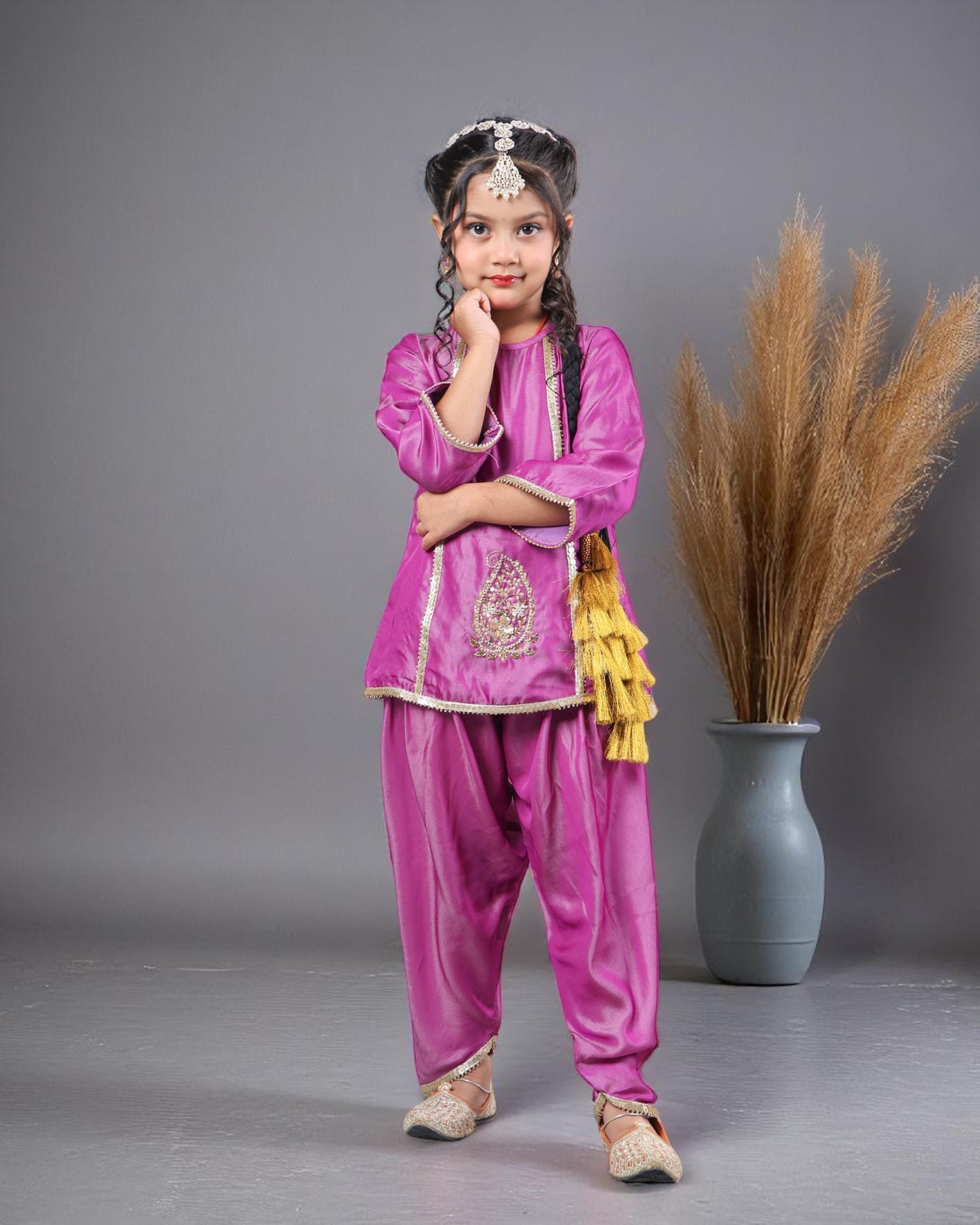 Tito Patito Girls’ 3-Piece Art Silk Suit – Semi Tulip Pant, Handwork & Lace