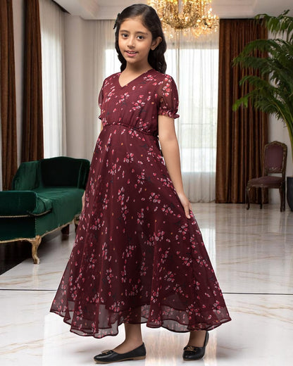 Long Dress For Girls In Printed Chiffon Fabric
