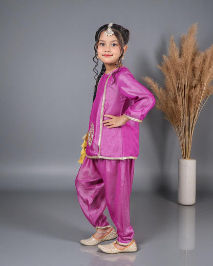 Tito Patito Girls’ 3-Piece Art Silk Suit – Semi Tulip Pant, Handwork & Lace